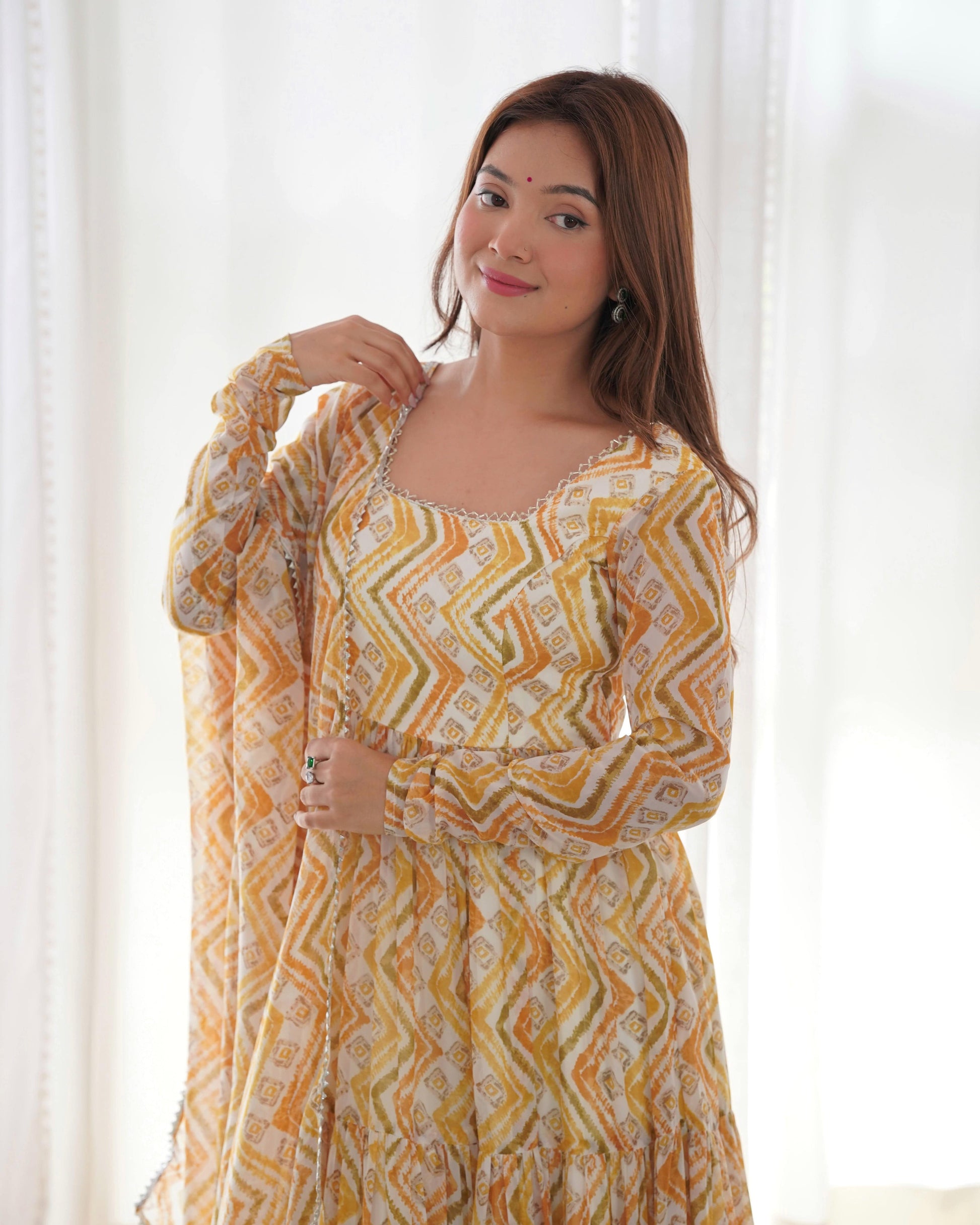 Resplendent Faux Georgette Zigzag Printed Anarkali Pant Suit - Ethnicwish
