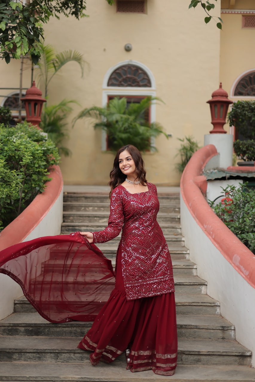 Mesmerizing Faux Georgette Sequins Thread Worked Top Sharara Suit - Ethnicwish