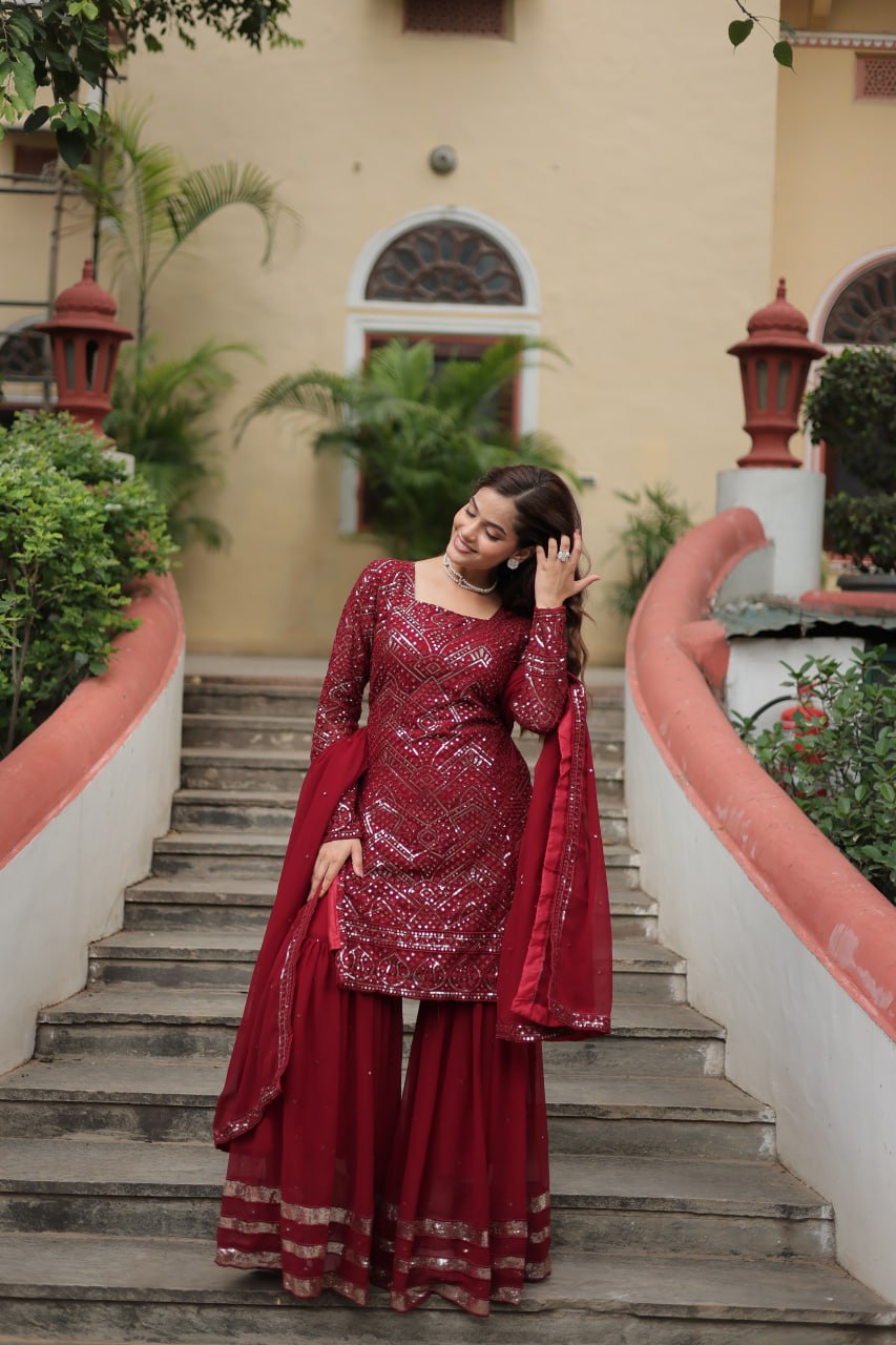 Mesmerizing Faux Georgette Sequins Thread Worked Top Sharara Suit - Ethnicwish