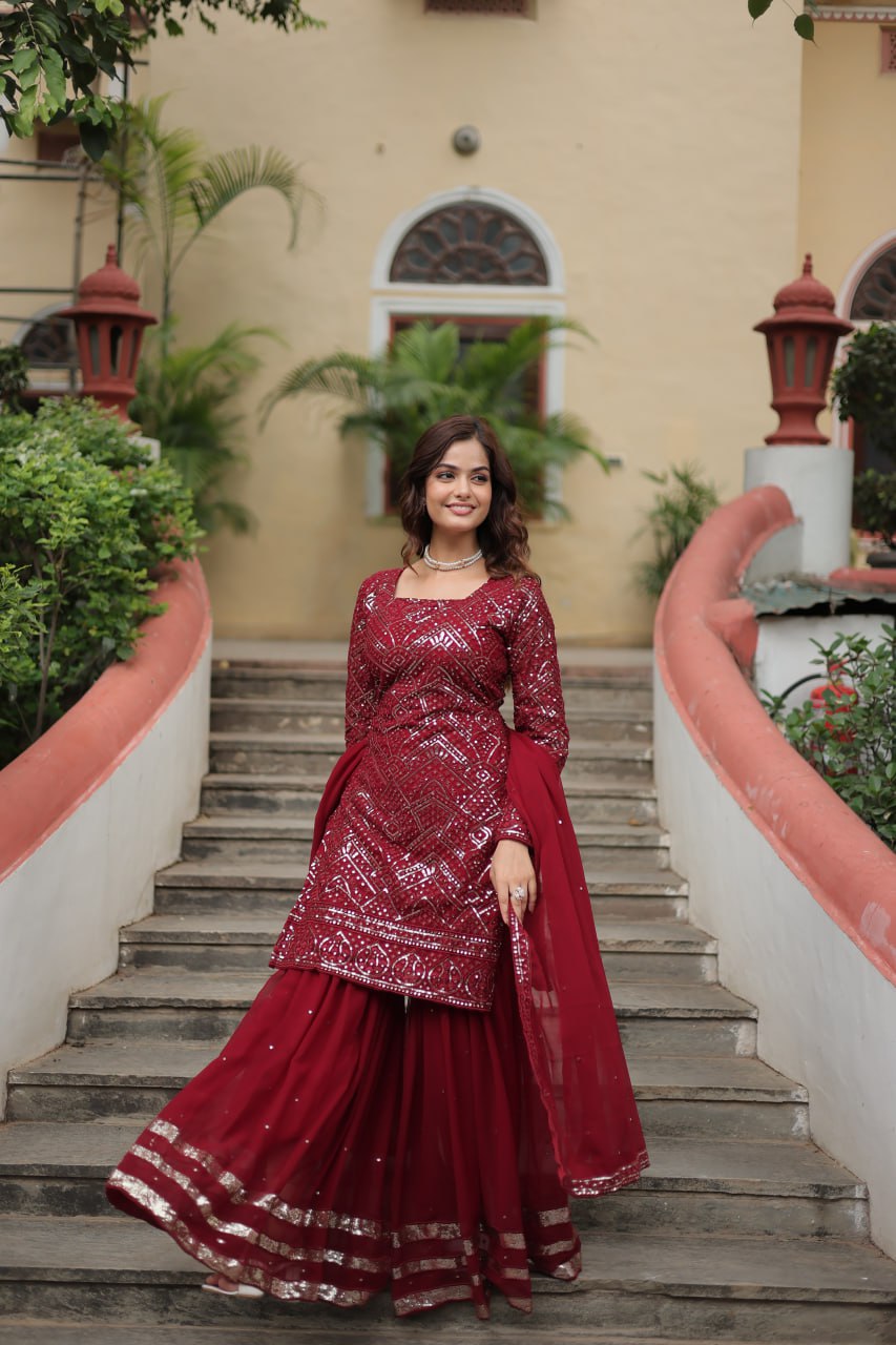 Mesmerizing Faux Georgette Sequins Thread Worked Top Sharara Suit - Ethnicwish