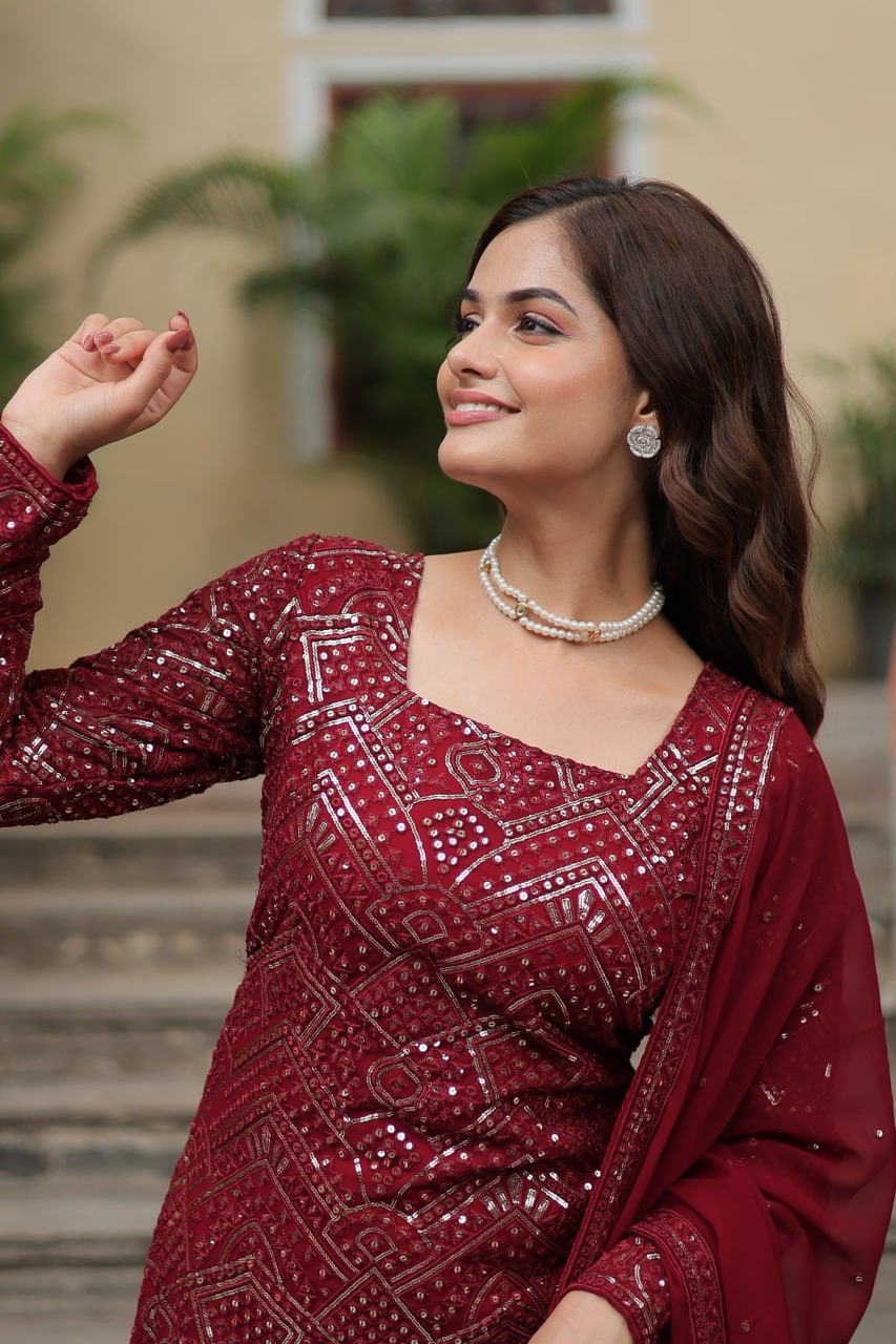 Mesmerizing Faux Georgette Sequins Thread Worked Top Sharara Suit - Ethnicwish