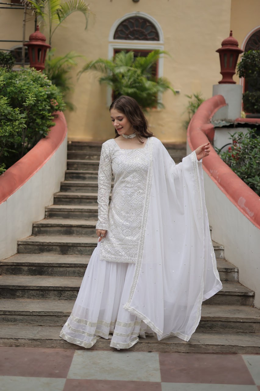 Mesmerizing Faux Georgette Sequins Thread Worked Top Sharara Suit - Ethnicwish