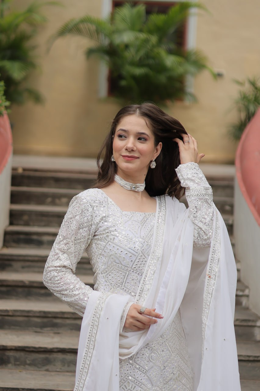 Mesmerizing Faux Georgette Sequins Thread Worked Top Sharara Suit - Ethnicwish