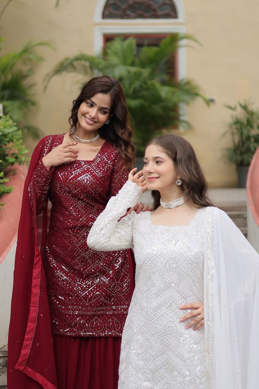 Mesmerizing Faux Georgette Sequins Thread Worked Top Sharara Suit - Ethnicwish