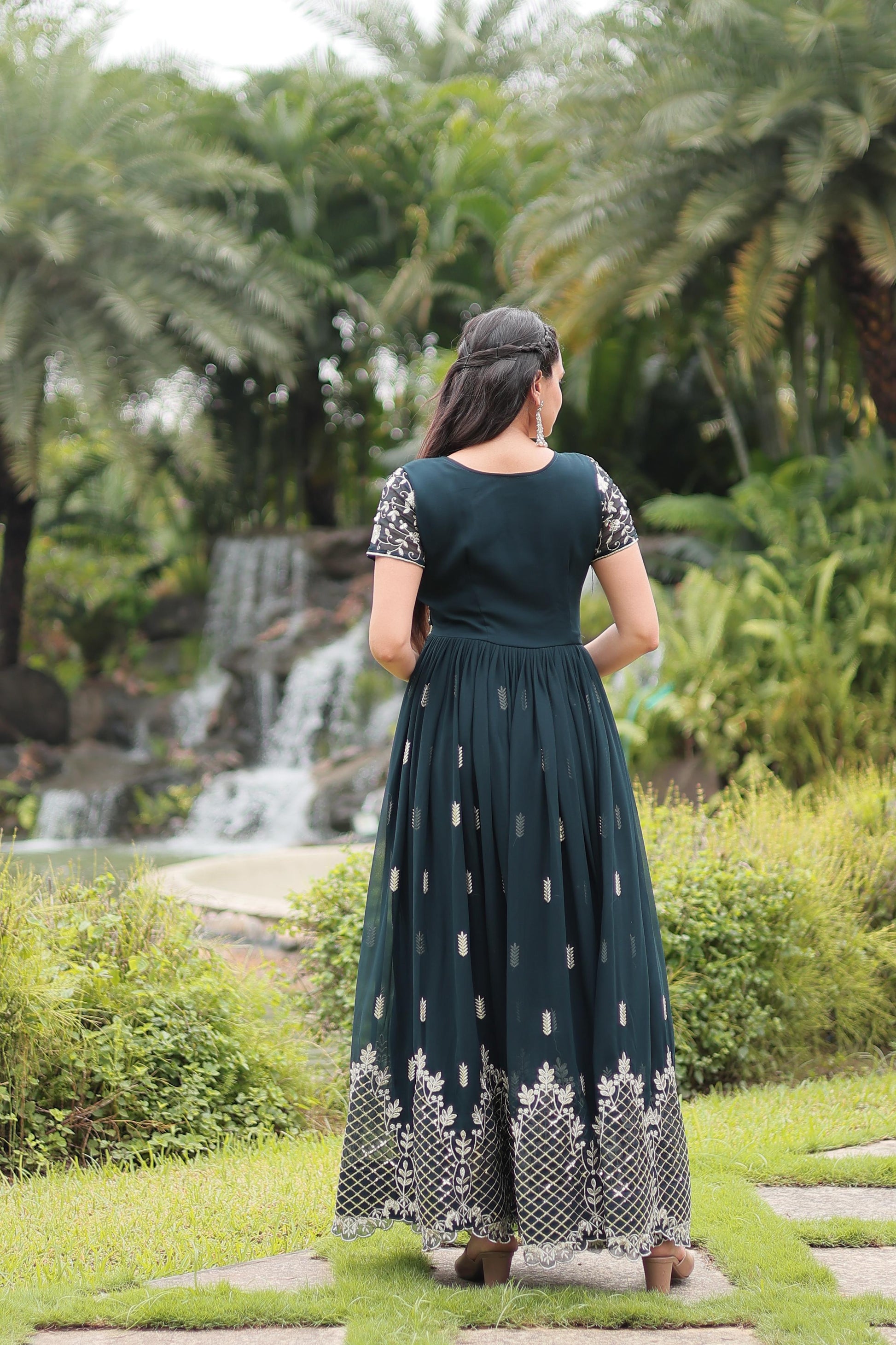 Graceful Faux Georgette Sequins Zari Worked Gown With Dupatta - Ethnicwish