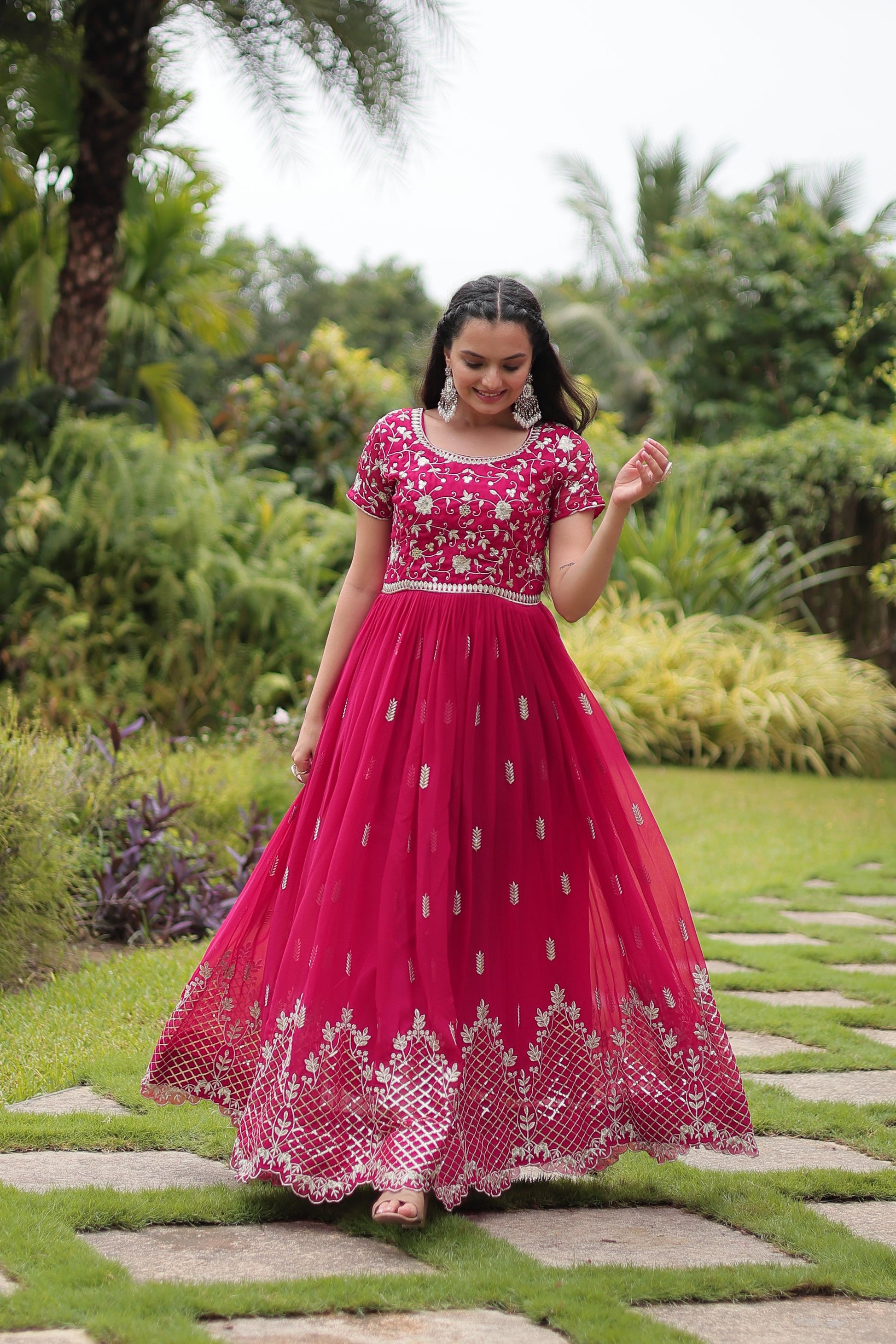 Graceful Faux Georgette Sequins Zari Worked Gown With Dupatta - Ethnicwish