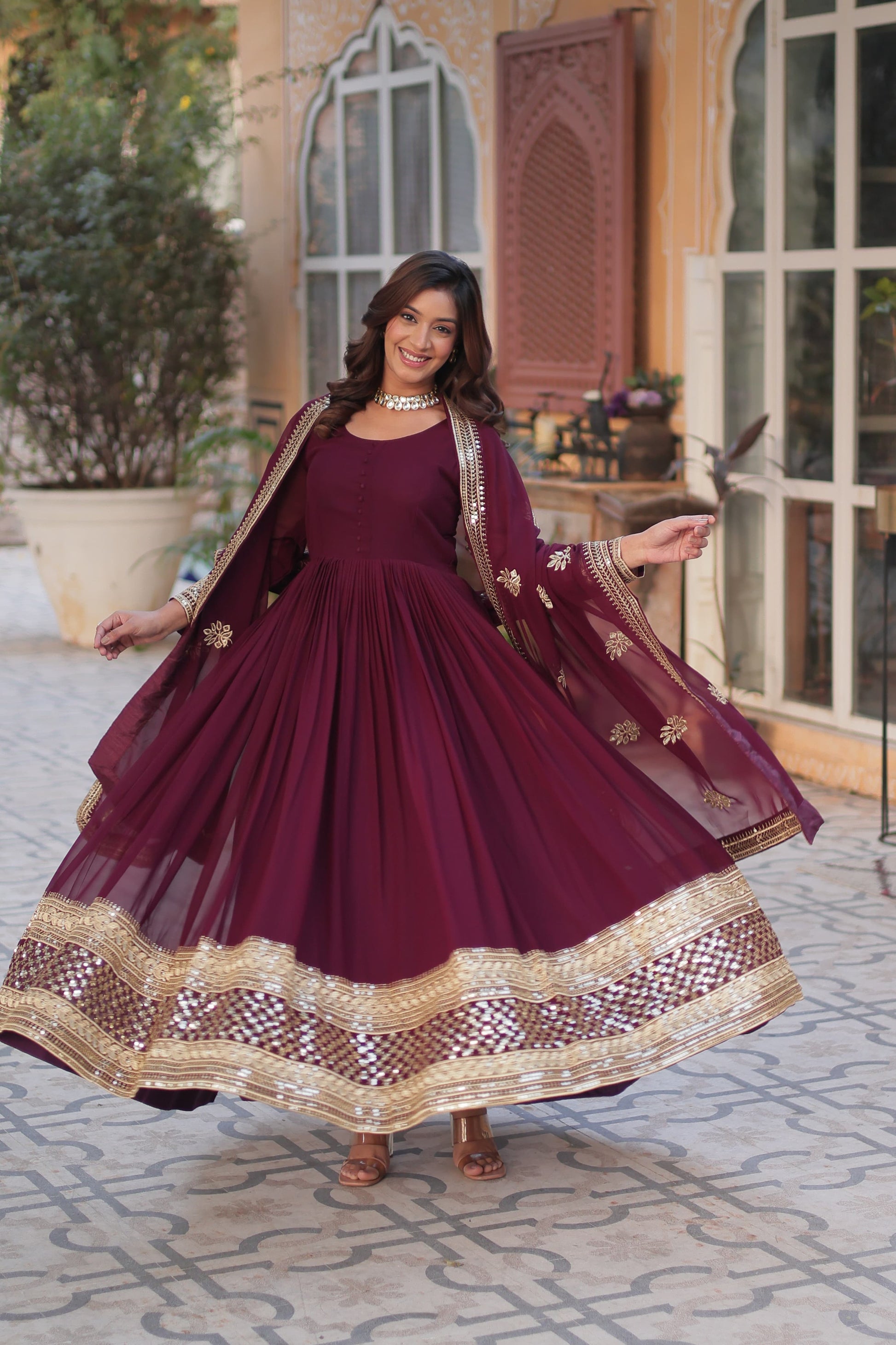 Exquisite Faux Georgette Intricate Zari Sequins Worked Gown With Dupatta - Ethnicwish