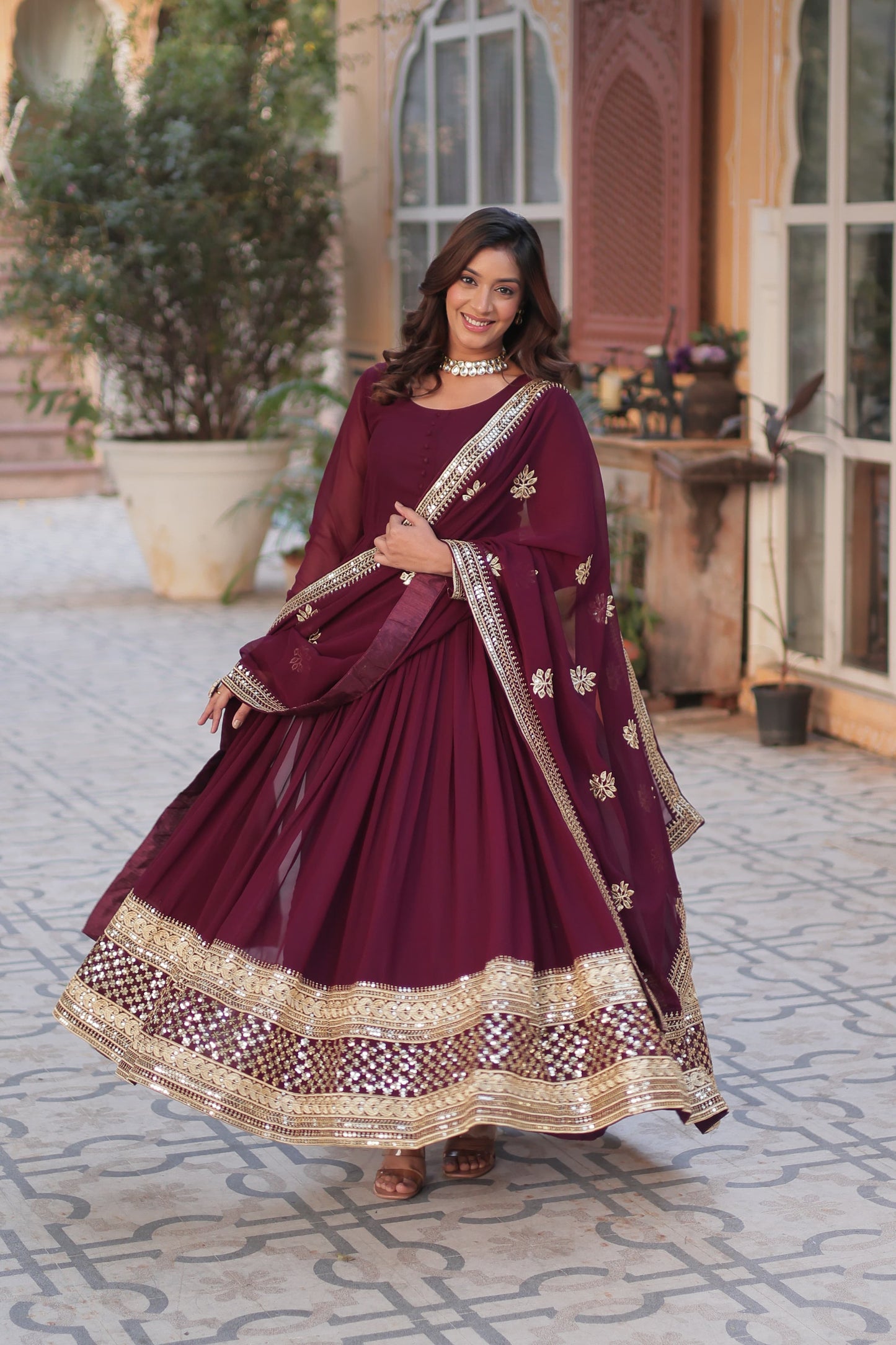 Exquisite Faux Georgette Intricate Zari Sequins Worked Gown With Dupatta - Ethnicwish