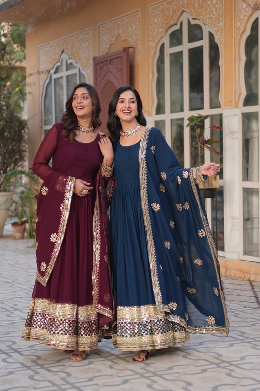 Exquisite Faux Georgette Intricate Zari Sequins Worked Gown With Dupatta - Ethnicwish