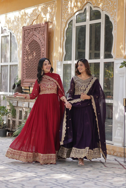 Alluring Intricate Zari Sequins Worked Faux Georgette Gown - Ethnicwish