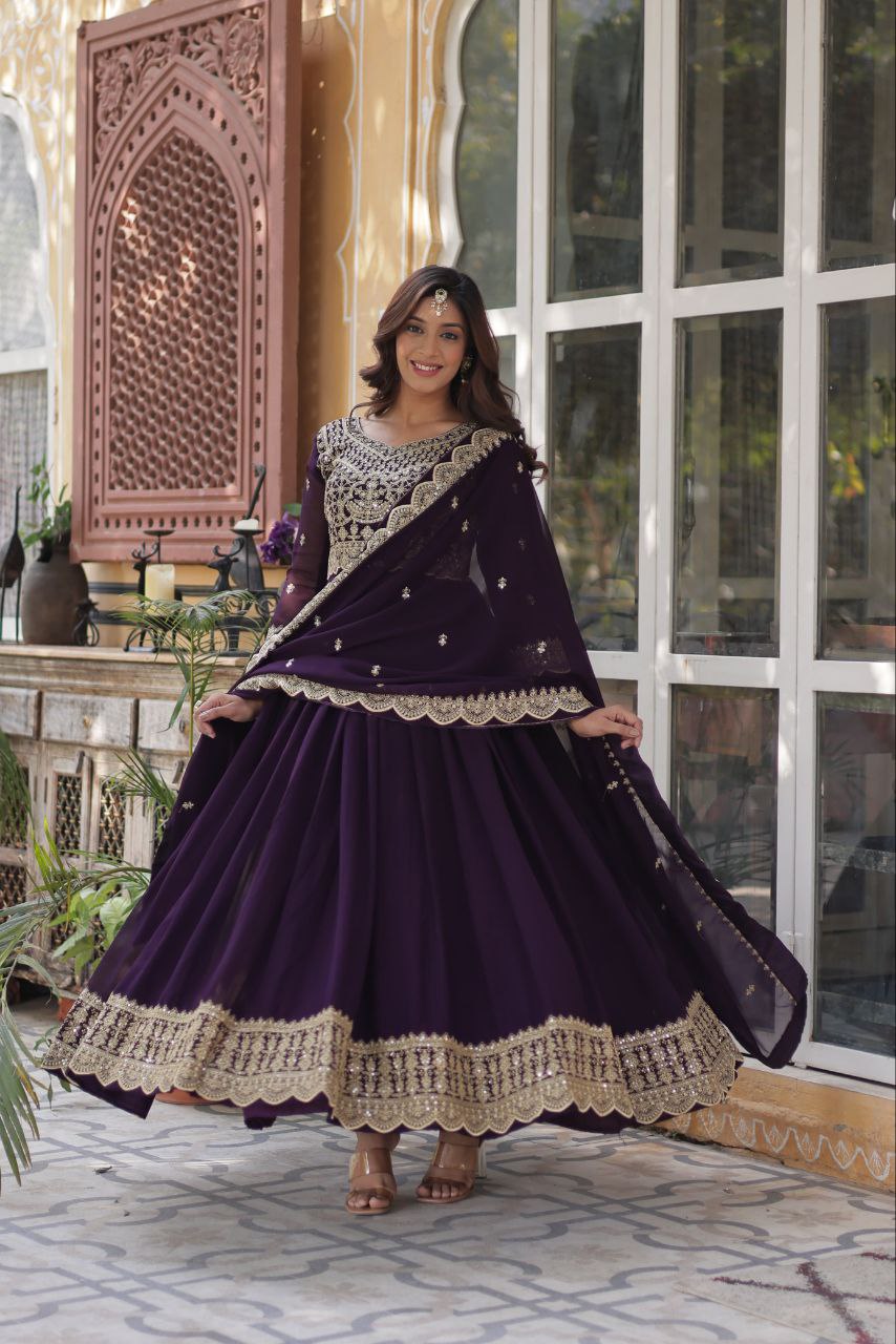 Alluring Intricate Zari Sequins Worked Faux Georgette Gown - Ethnicwish