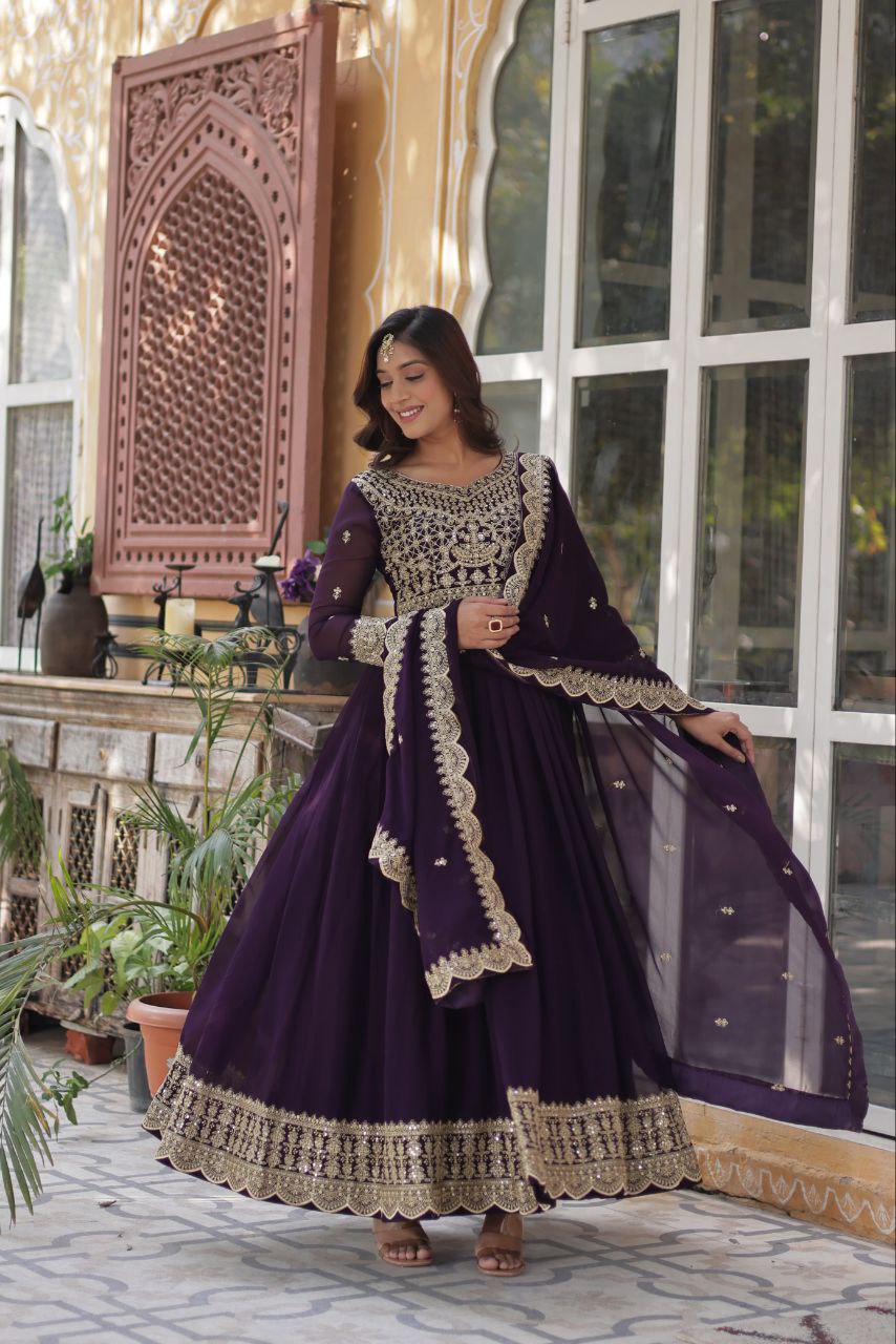 Alluring Intricate Zari Sequins Worked Faux Georgette Gown - Ethnicwish