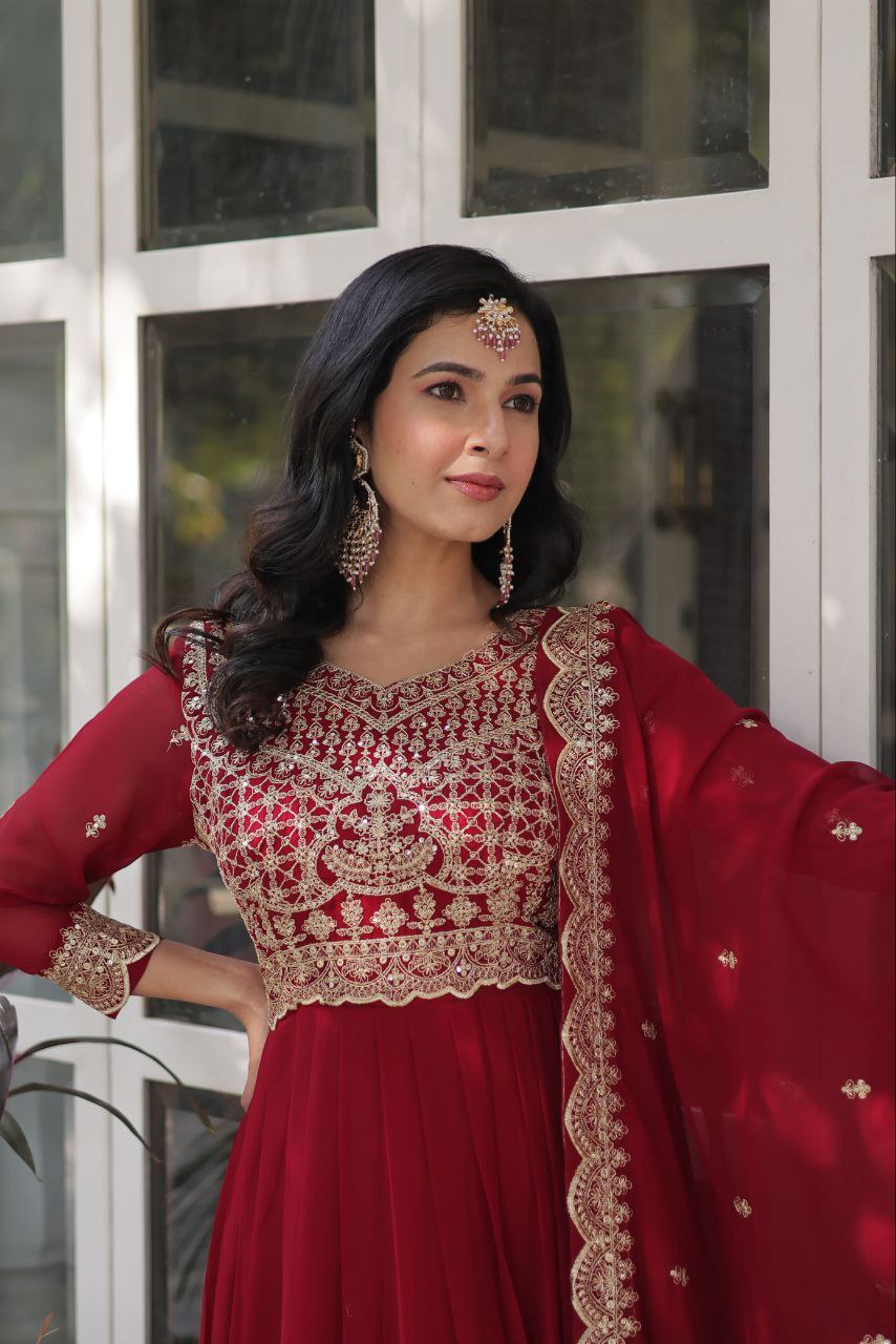 Alluring Intricate Zari Sequins Worked Faux Georgette Gown - Ethnicwish