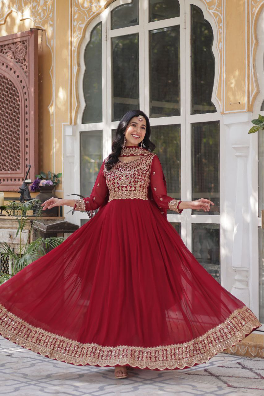 Alluring Intricate Zari Sequins Worked Faux Georgette Gown - Ethnicwish