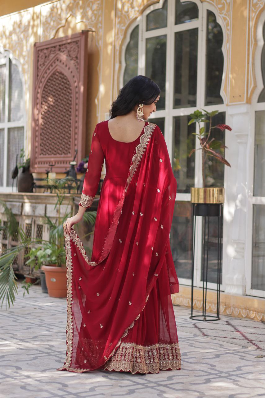 Alluring Intricate Zari Sequins Worked Faux Georgette Gown - Ethnicwish