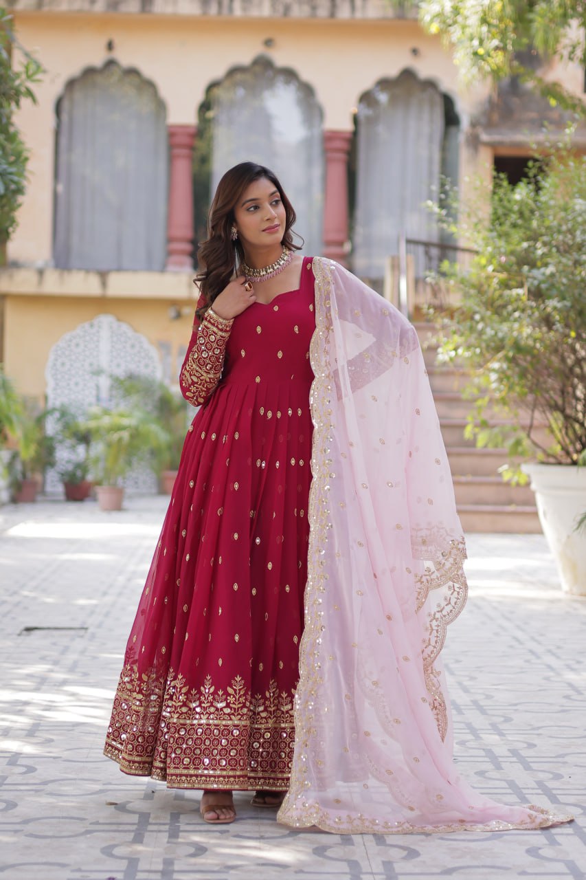 Lovely Maroon Faux Georgette Zari Sequins Worked Gown With Dupatta - Ethnicwish