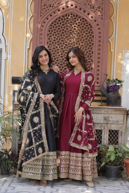 Lovely Georgette Embroidered Zari Sequins Worked Gown With Dupatta - Ethnicwish