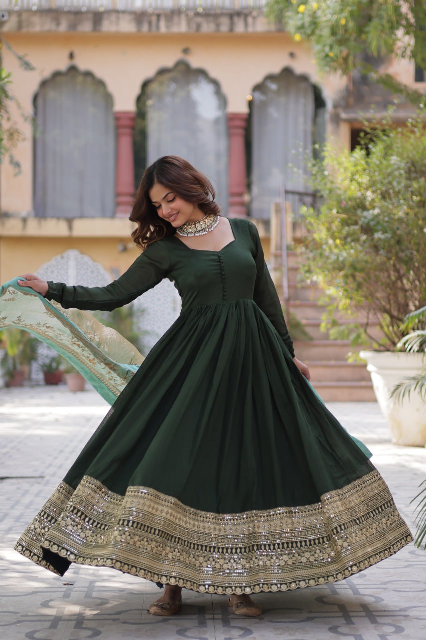 Lovely Vichitra Shimmer Embroidered Gown With Dupatta - Ethnicwish