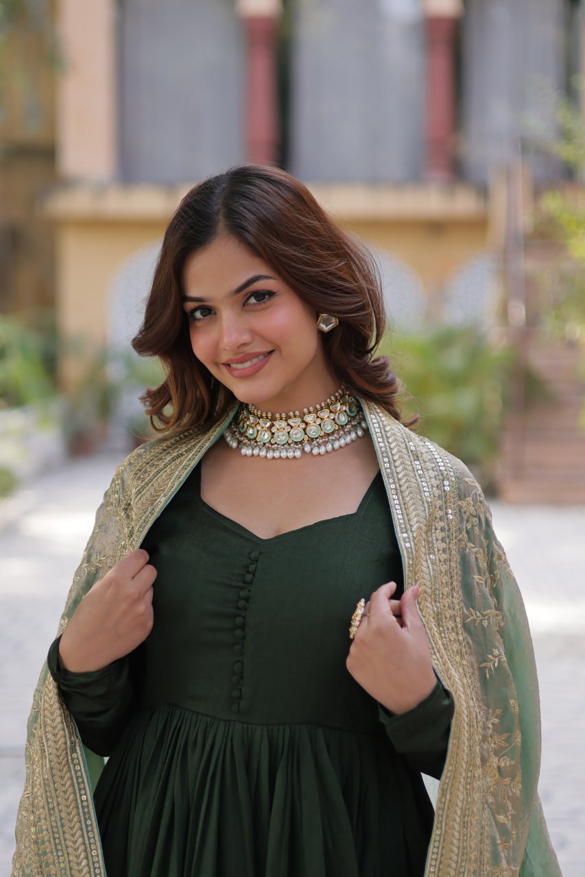 Lovely Vichitra Shimmer Embroidered Gown With Dupatta - Ethnicwish