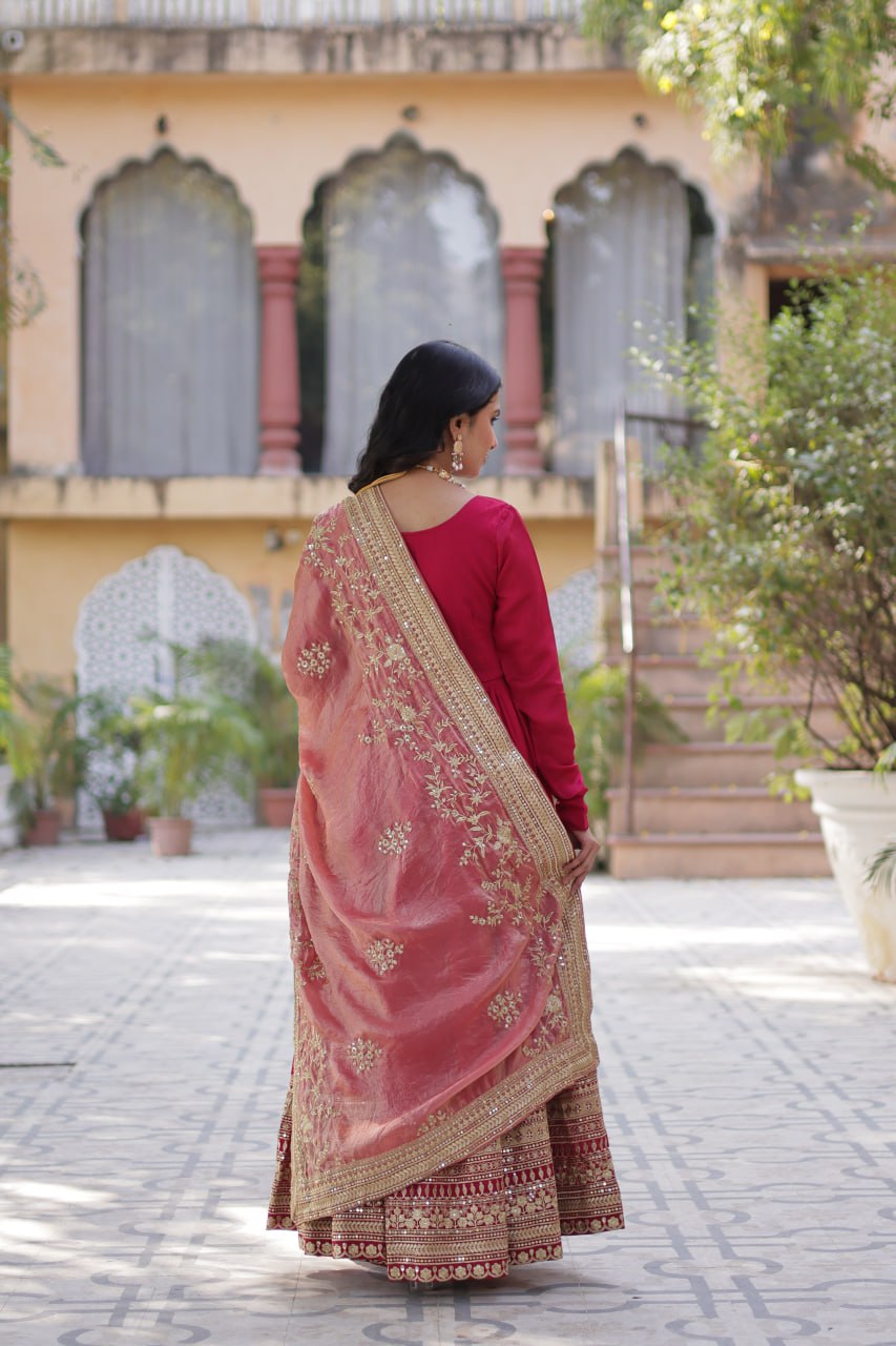Lovely Vichitra Shimmer Embroidered Gown With Dupatta - Ethnicwish