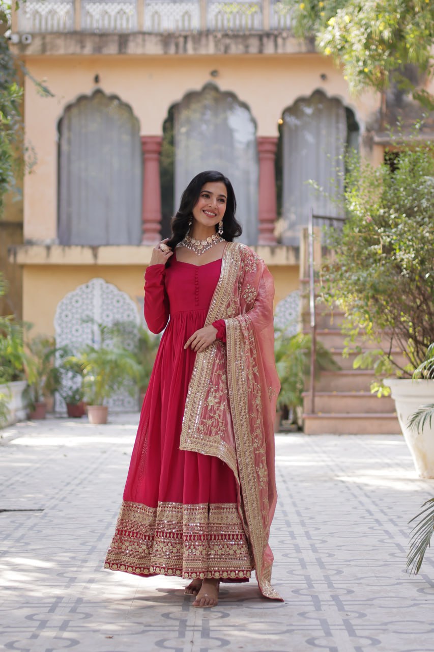Lovely Vichitra Shimmer Embroidered Gown With Dupatta - Ethnicwish