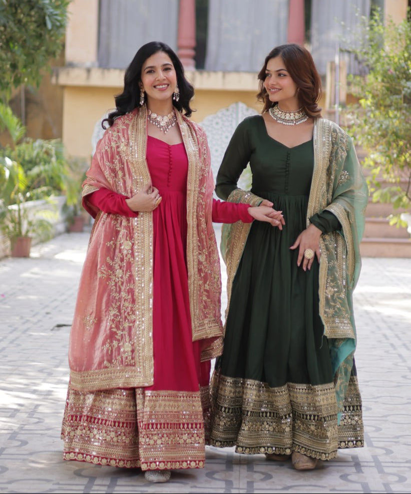 Lovely Vichitra Shimmer Embroidered Gown With Dupatta - Ethnicwish