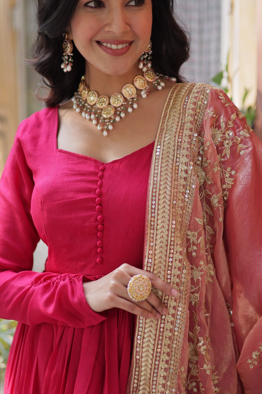 Lovely Vichitra Shimmer Embroidered Gown With Dupatta - Ethnicwish
