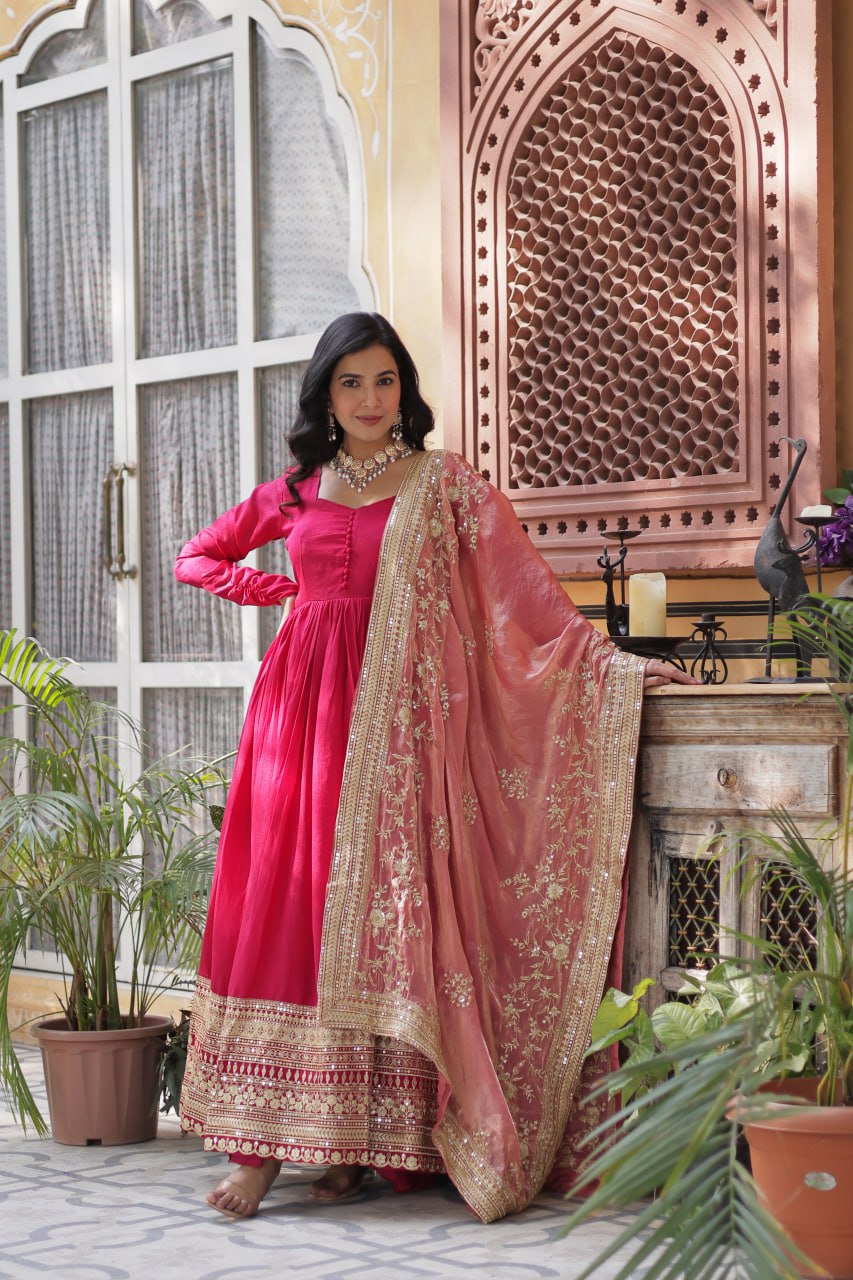 Lovely Vichitra Shimmer Embroidered Gown With Dupatta - Ethnicwish