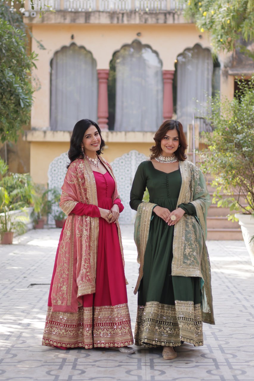 Lovely Vichitra Shimmer Embroidered Gown With Dupatta - Ethnicwish