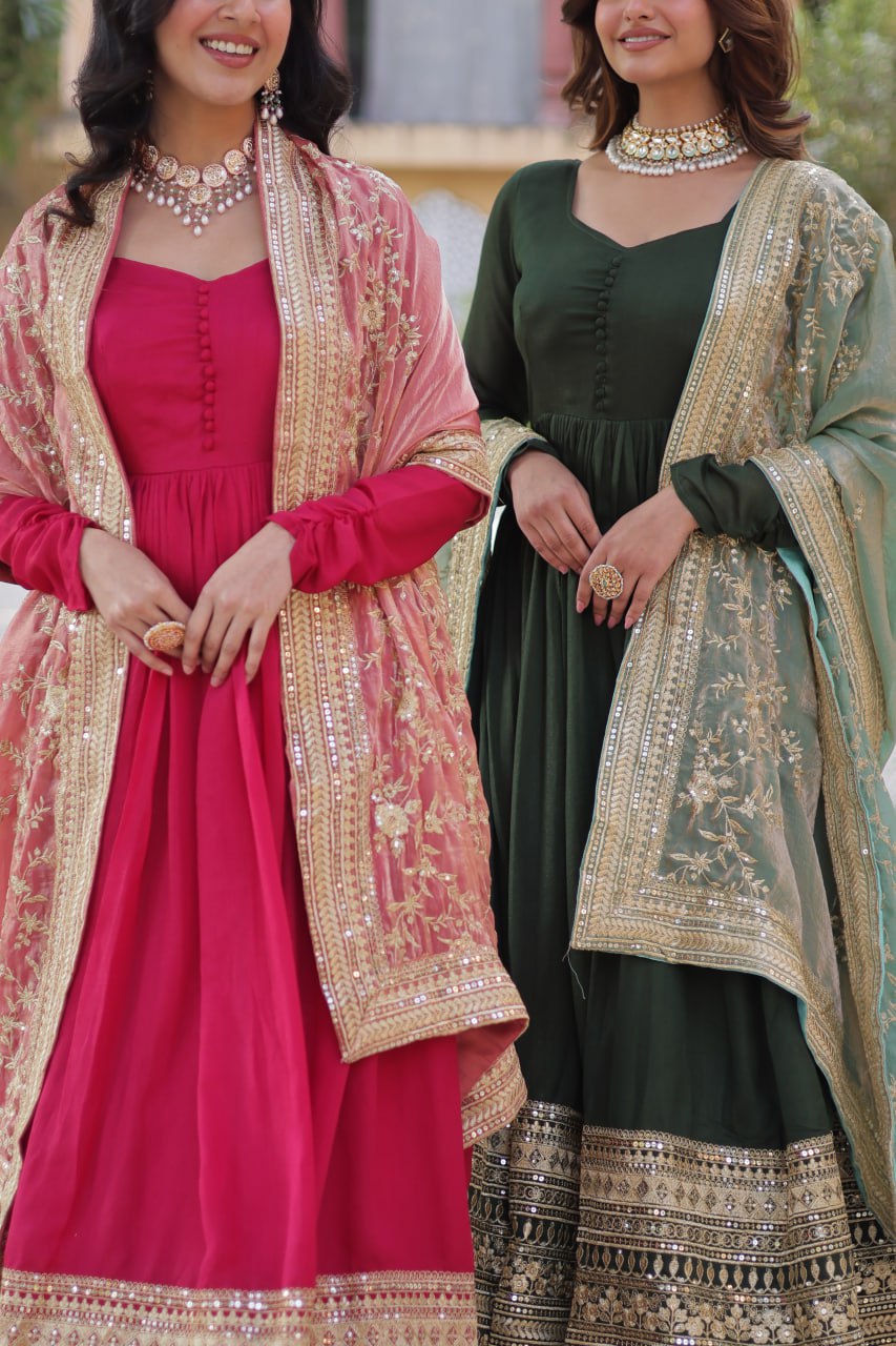 Lovely Vichitra Shimmer Embroidered Gown With Dupatta - Ethnicwish