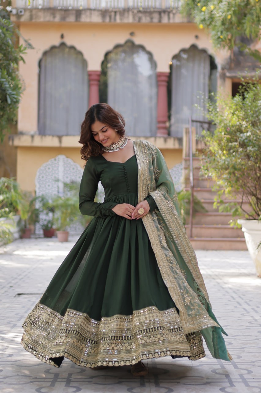 Lovely Vichitra Shimmer Embroidered Gown With Dupatta - Ethnicwish