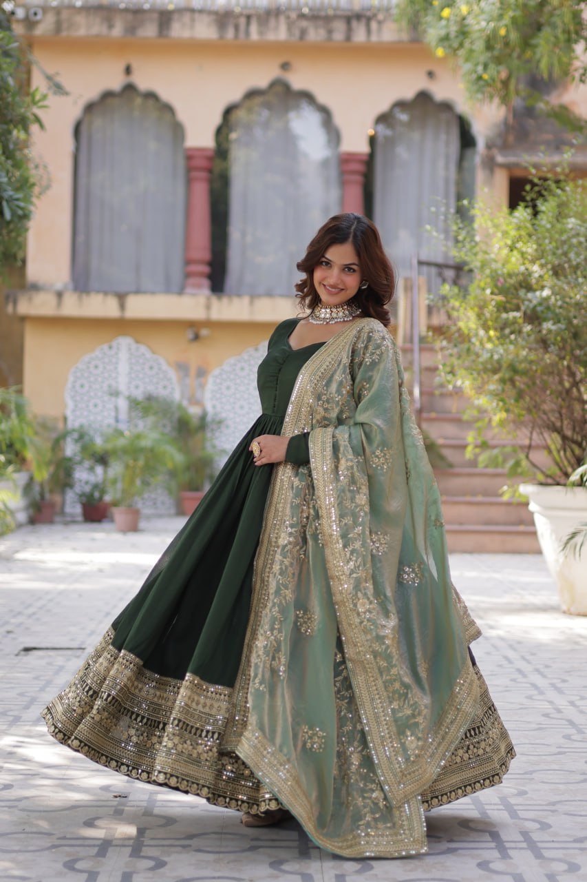 Lovely Vichitra Shimmer Embroidered Gown With Dupatta - Ethnicwish
