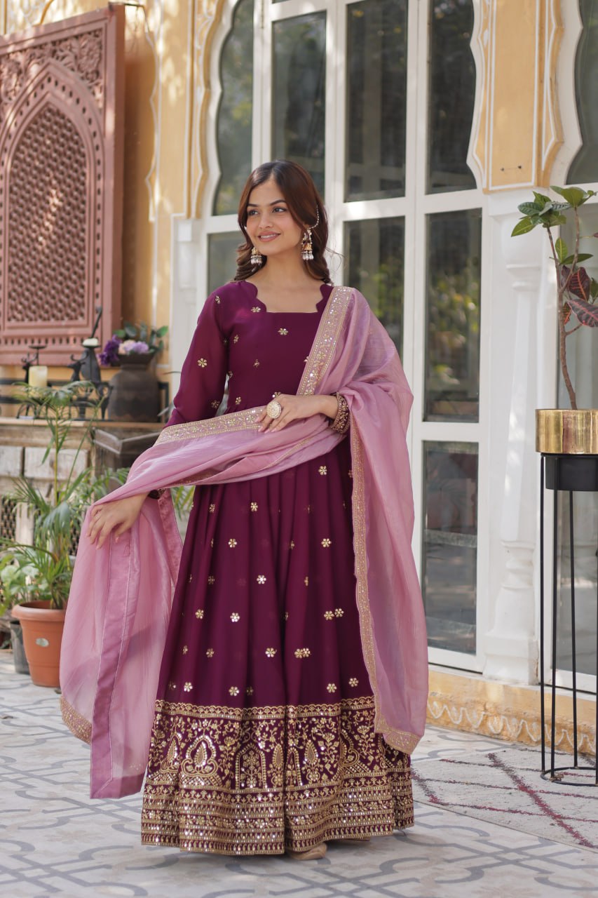 Graceful Star Georgette Gown Set with Gold Crush Dupatta