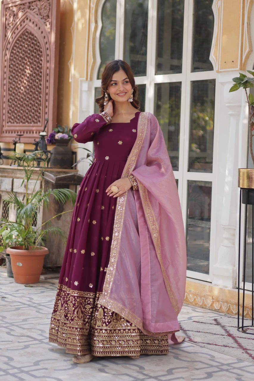 Graceful Star Georgette Gown Set with Gold Crush Dupatta