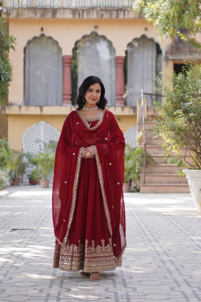 Spellbinding Faux Georgette Embroidered Sequins Worked Gown - Ethnicwish