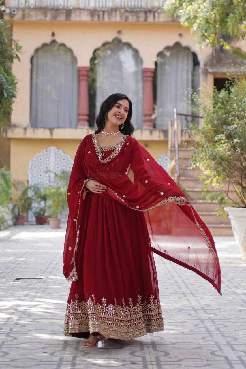 Spellbinding Faux Georgette Embroidered Sequins Worked Gown - Ethnicwish