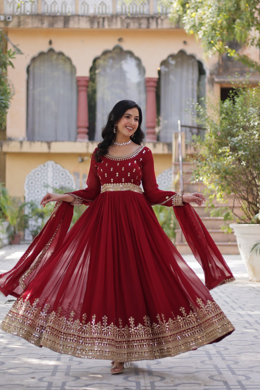 Spellbinding Faux Georgette Embroidered Sequins Worked Gown - Ethnicwish