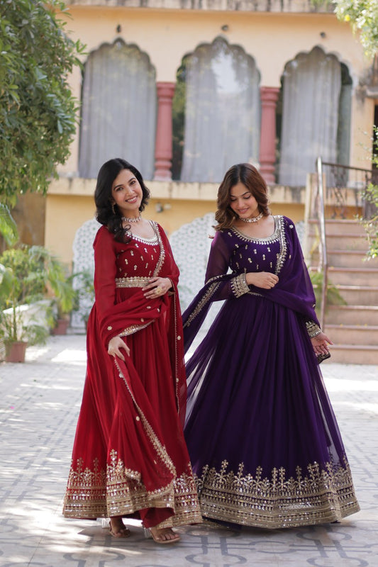 Spellbinding Faux Georgette Embroidered Sequins Worked Gown - Ethnicwish