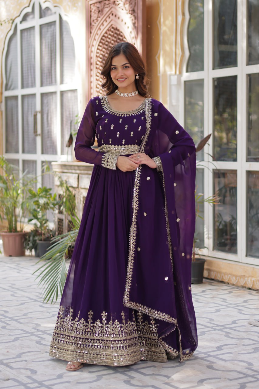 Spellbinding Faux Georgette Embroidered Sequins Worked Gown - Ethnicwish