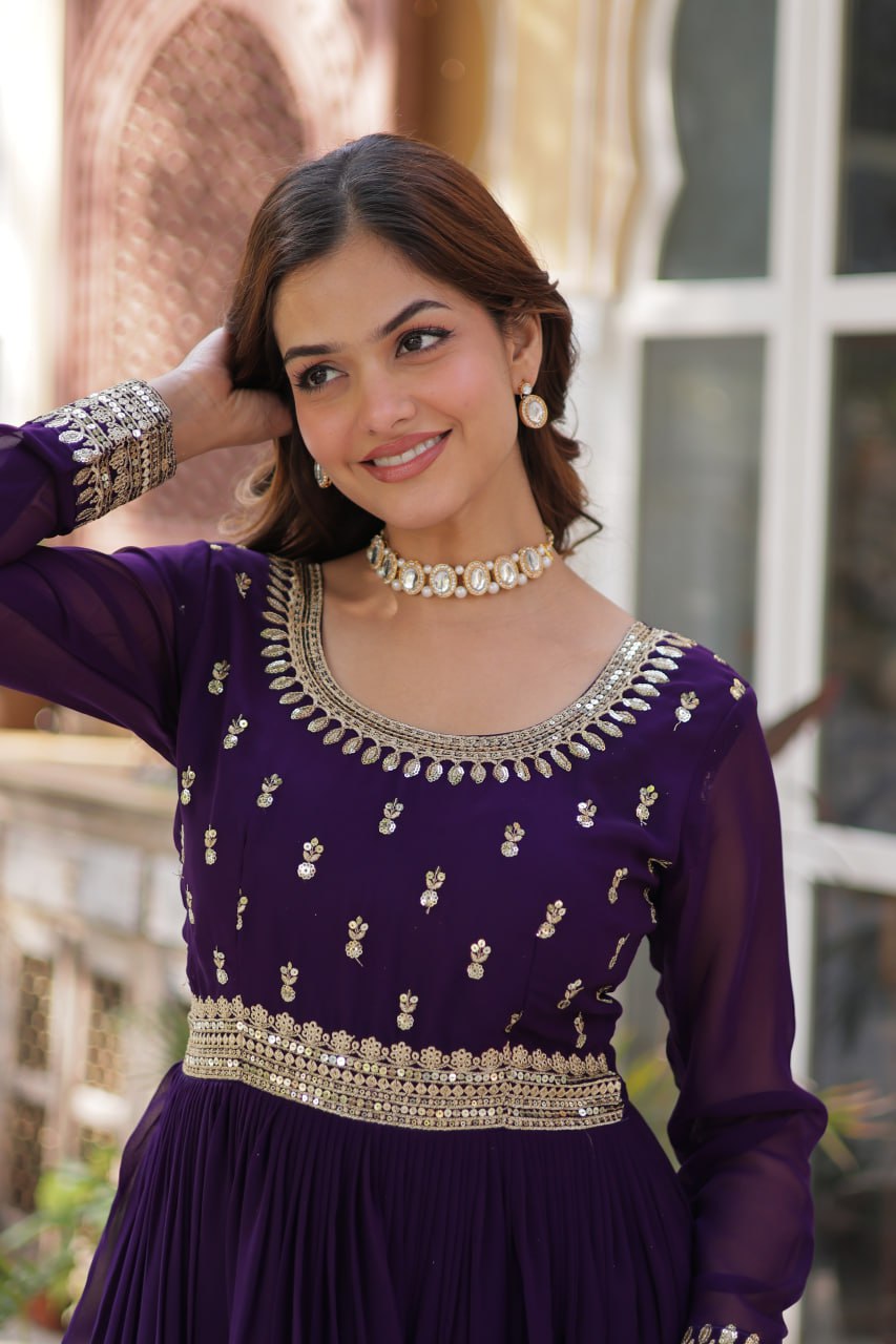 Spellbinding Faux Georgette Embroidered Sequins Worked Gown - Ethnicwish