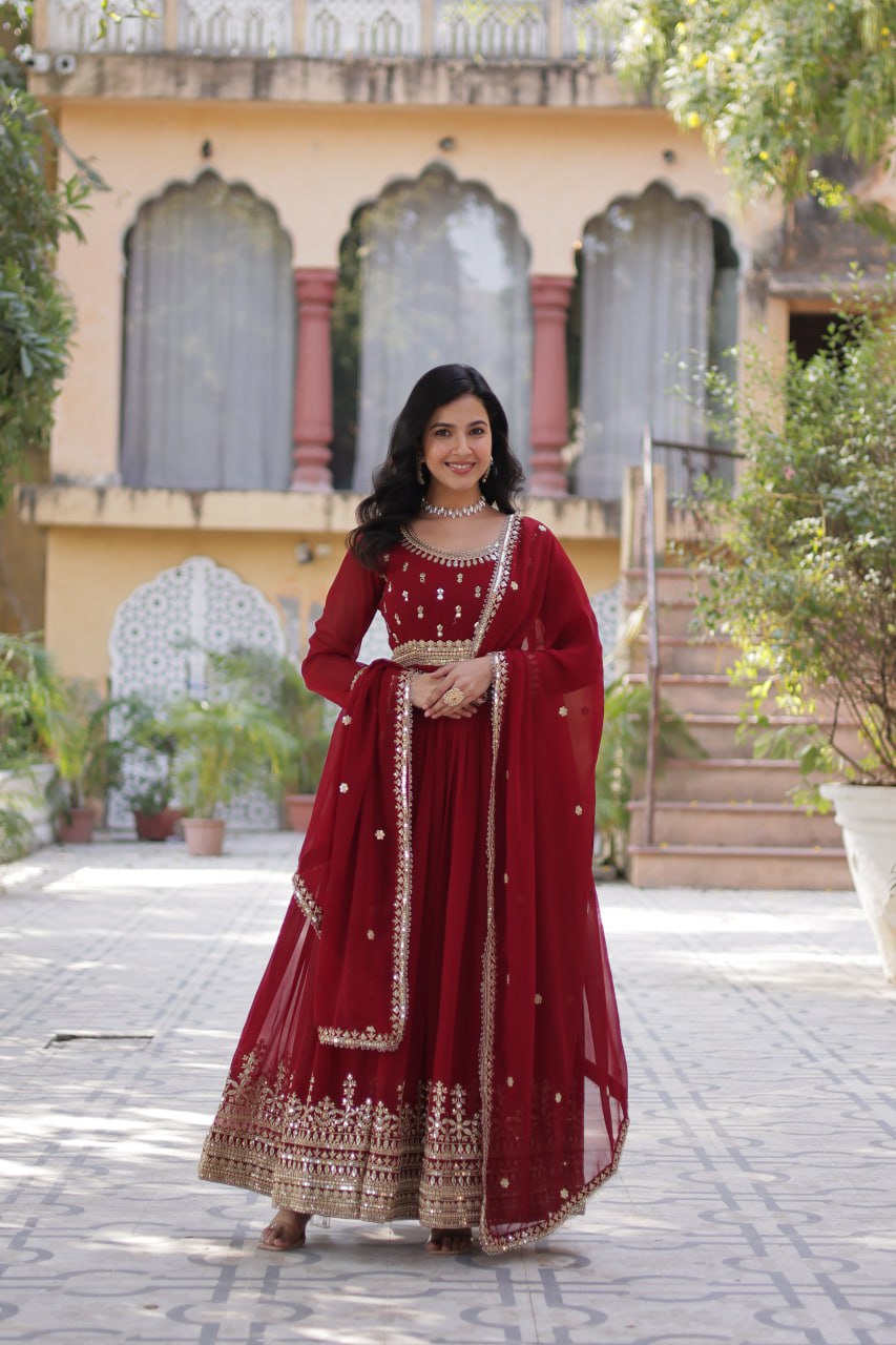 Spellbinding Faux Georgette Embroidered Sequins Worked Gown - Ethnicwish