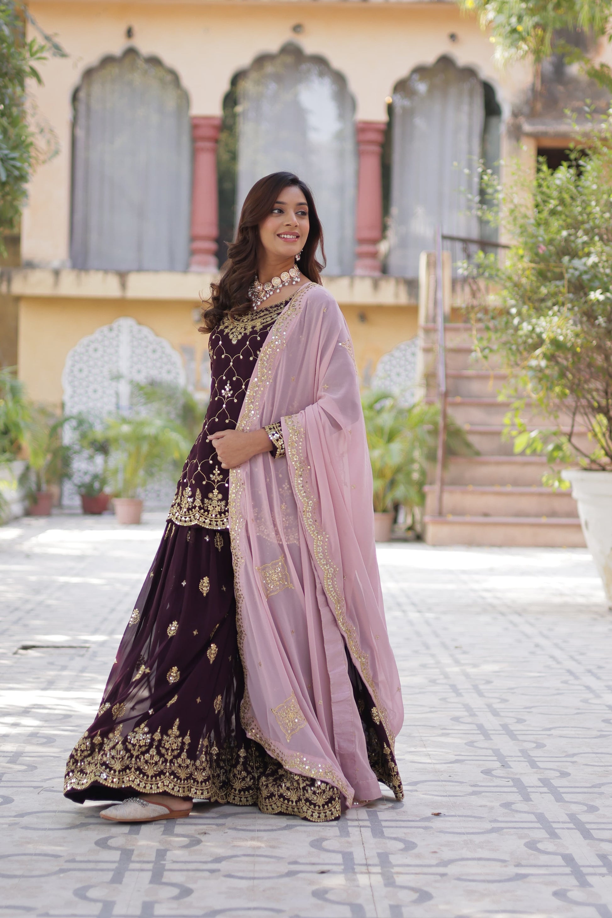 Mesmerizing Faux Georgette Sequins Embroidered Top Palazzo Suit - Ethnicwish