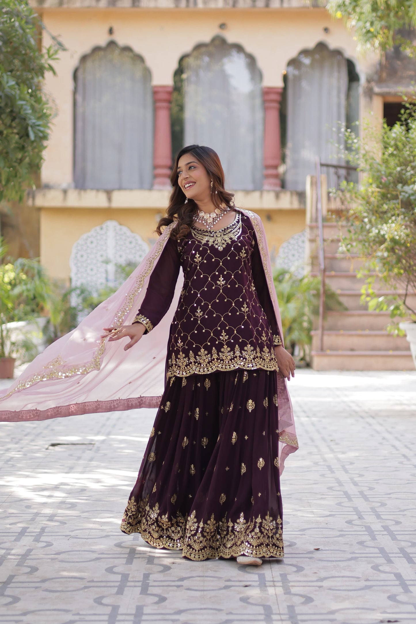 Mesmerizing Faux Georgette Sequins Embroidered Top Palazzo Suit - Ethnicwish