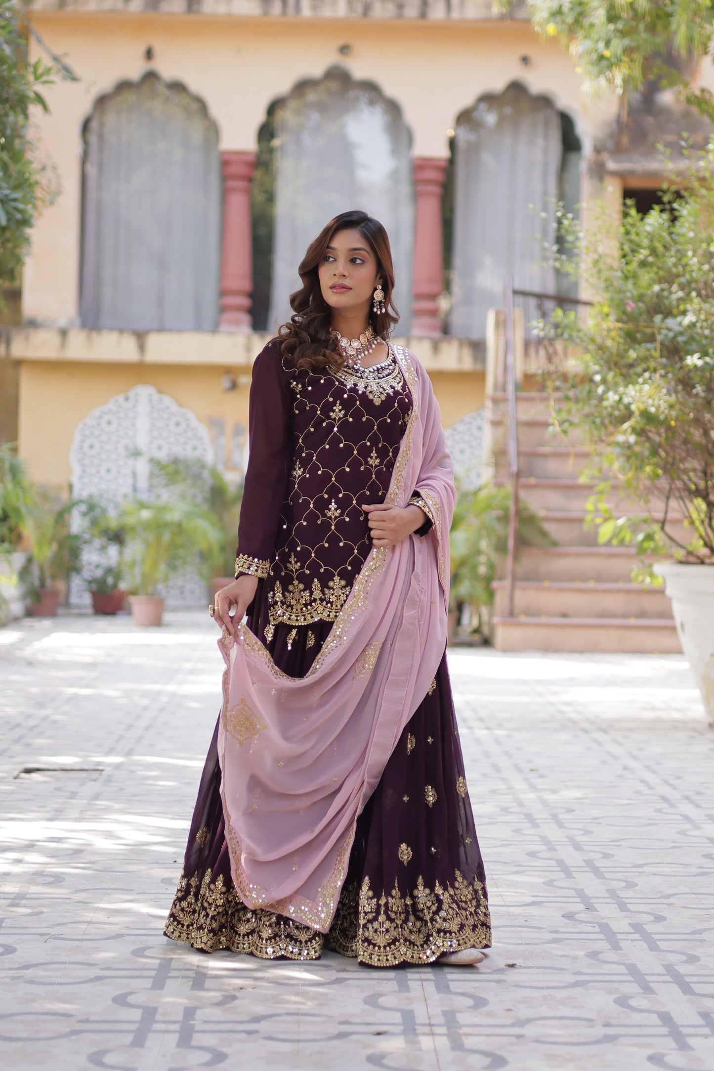 Mesmerizing Faux Georgette Sequins Embroidered Top Palazzo Suit - Ethnicwish