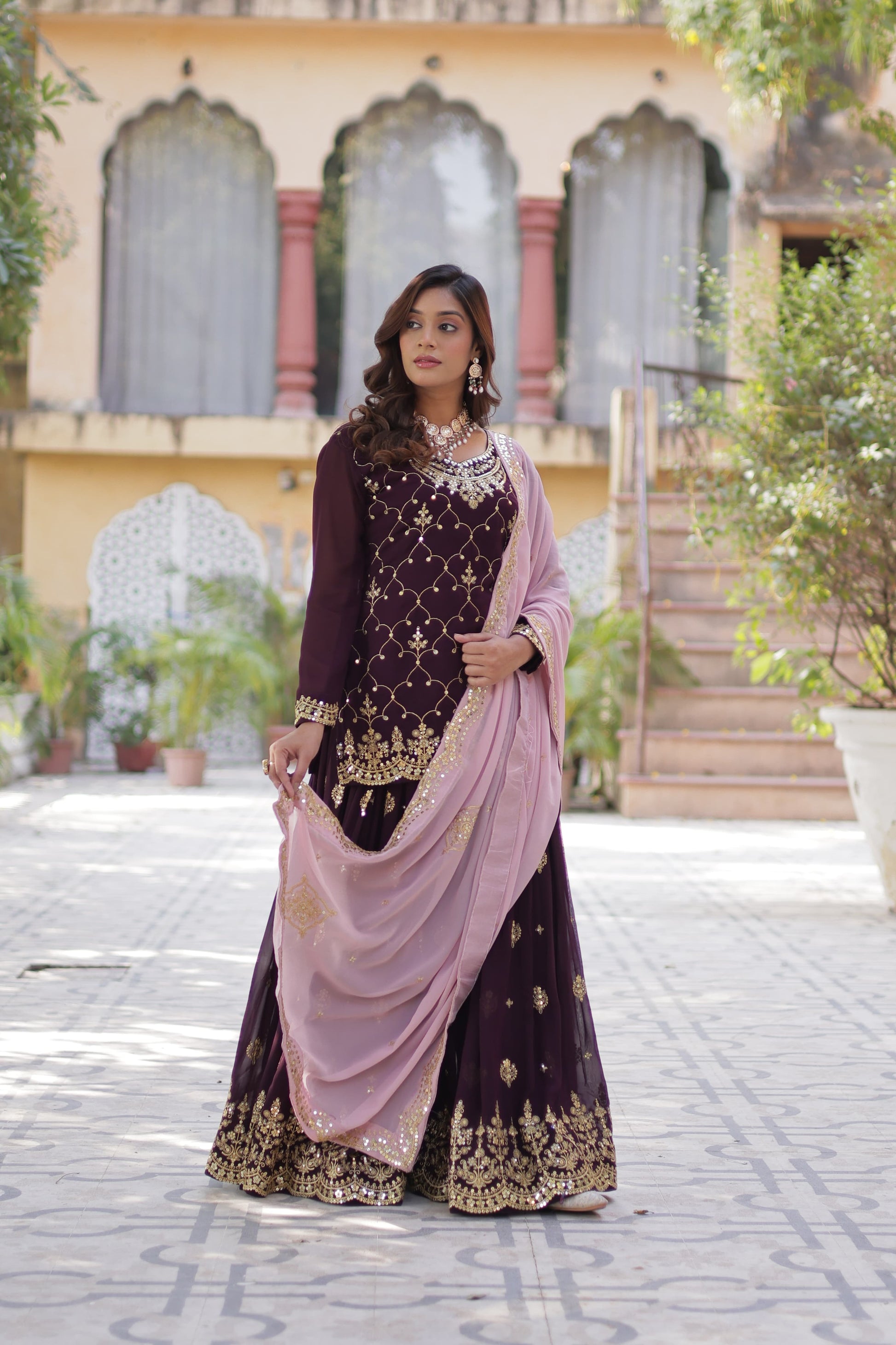Mesmerizing Faux Georgette Sequins Embroidered Top Palazzo Suit - Ethnicwish