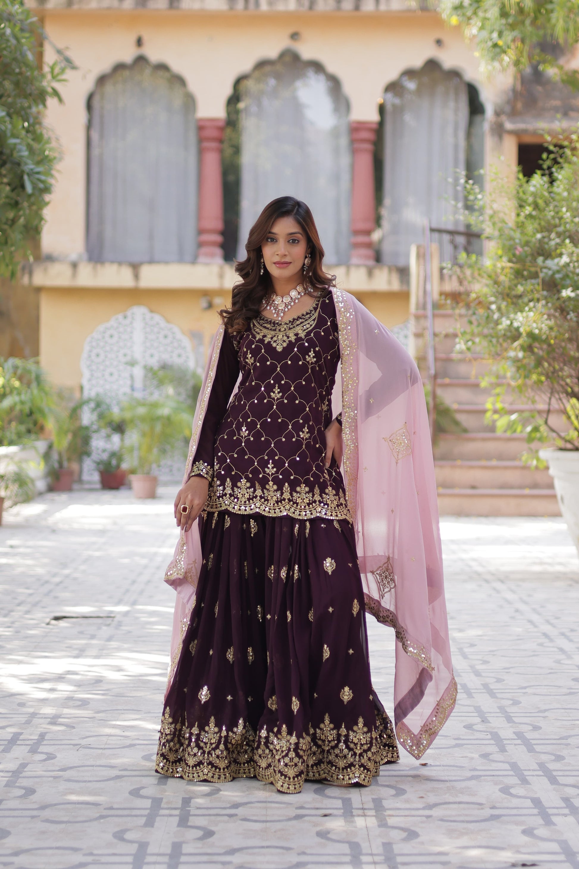 Mesmerizing Faux Georgette Sequins Embroidered Top Palazzo Suit - Ethnicwish
