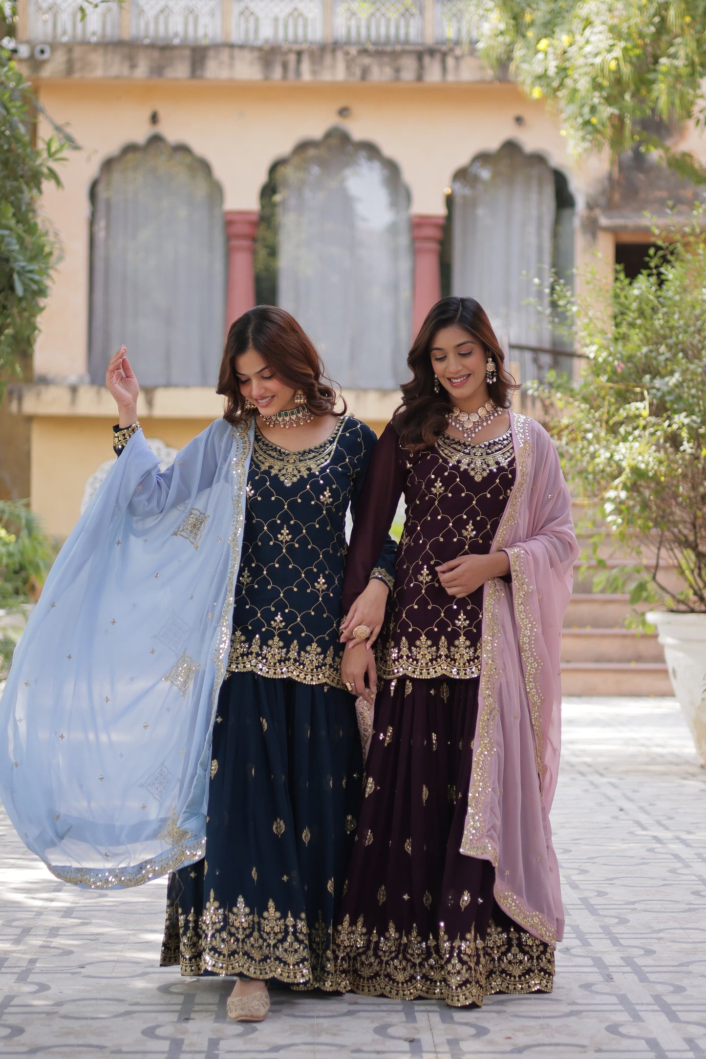 Mesmerizing Faux Georgette Sequins Embroidered Top Palazzo Suit - Ethnicwish