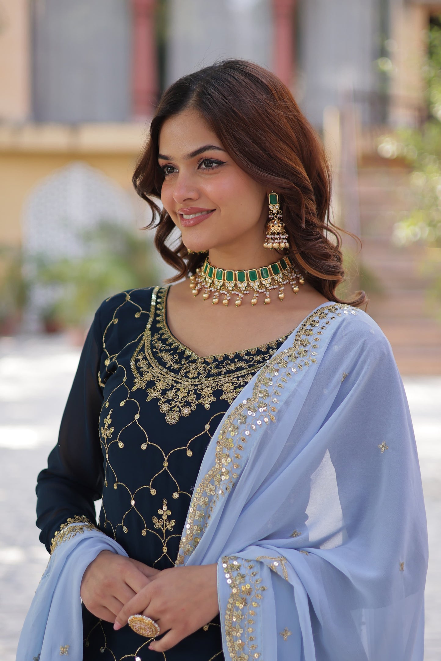 Mesmerizing Faux Georgette Sequins Embroidered Top Palazzo Suit - Ethnicwish