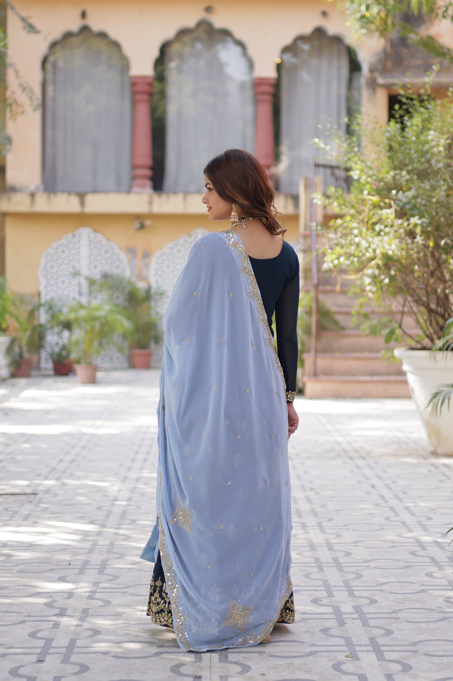 Mesmerizing Faux Georgette Sequins Embroidered Top Palazzo Suit - Ethnicwish