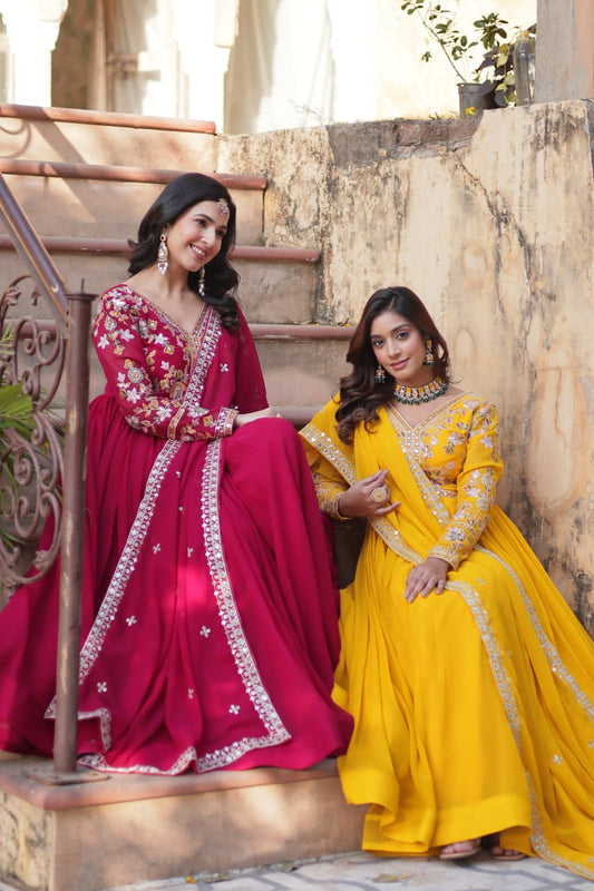 Magnificent Faux Georgette Zari Sequins Embroidered Gown With Dupatta - Ethnicwish